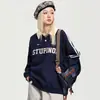 Sudadera Retro Americana Estilo Universitario con Cuello Polo Waffle para Mujer, Conjunto Casual Holgado para Pareja, Top de Rayas con Mangas Raglán