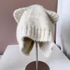 Lindo lindo sombrero de punto con orejas de gato para mujer, cálido de invierno, mezcla de lana de conejo, sombrero de punto abierto de cola de golondrina, estilo moderno