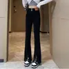 Calça jeans preta dividida para mulheres primavera e outono 2023, nova calça pequena de cintura alta, justa e justa, micro alargada