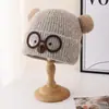 Touca de Tricô Fofa com Orelhas para Mulheres, Outono e Inverno, Quente, Circunferência da Cabeça Grande, Faz o Rosto Parecer Menor, Óculos de Gato Cartoon, Proteção para as Orelhas, Touca de Lã