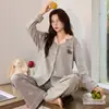 Algodón Puro Manga Larga Pantalón Largo Otoño Ropa de Dormir Cardigan con Solapa Gato Pequeño Lazo Todo Algodón Ropa para Casa Conjunto de Dos Piezas Se Puede Usar Afuera