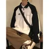 Estilo Americano Retrô Estilo College Meio Zíper Gola Polo Moletom Masculino de Alta Qualidade Casual Tendência Marca Contraste Preto e Branco Top