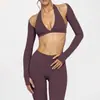Nuevo Conjunto de Yoga de Tres Piezas para Mujer con Sensación de Piel Desnuda, Cuello Halter, Mangas Fuera del Hombro, Cintura Alta, Control de Abdomen, Secado Rápido, Ajustado, Conjunto de Fitness