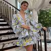Moda Femenina Europea y Americana Transfronteriza Aliexpress Vestido Elegante con Mangas Abullonadas Estampado Cuello en V Mangas de Linterna
