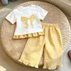 Conjunto de Verão Estilo Coreano para Meninas com Laço e Babados Roupa Infantil Bonita Roupa de Verão para Bebê Menina Conjunto Elegante de Duas Peças