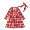 Vestido infantil de manga comprida + lenço de cabeça, conjunto de duas peças, roupas infantis europeias e americanas, primavera e outono, Natal, estilo ins