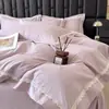 Conjunto de cama de quatro peças de algodão puro de alta qualidade com fibras longas, 60 fios, com bordado de renda 100% algodão, incluindo capa de edredom, lençol de cima e lençol com elástico