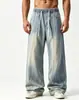 Jeans retro americanos desgastados de cintura elástica con cordón, pierna ancha para hombre, pantalones rectos de longitud completa con diseño dividido de alta costura