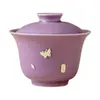 Juego de Té de Cerámica Morado Liso de Tres Piezas con Patrón de Mariposas, Hecho en Fábrica, con Taza de Té Individual y Gaiwan