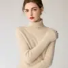 Camiseta básica 100% cashmere puro, suéter de cashmere outono e inverno para mulheres, gola alta, pulôver slim fit, camiseta básica curta