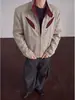 Chaqueta de cuero PU retro americana para hombre, primavera/otoño, cuello alto, diseño de bloques de color, estilo abierto al frente, moderna, corte holgado, chaqueta de motocicleta