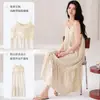 Novo Estilo de Camisola Feminina de Verão com Bojo e Alças Finas, Vestido Fino de Algodão Puro de Comprimento Médio, Roupa de Casa Listrada