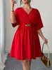 Vestido de Mujer de Verano 2026 Tallas Grandes Estilo Nuevo Europeo y Americano Primavera y Verano Color Sólido Cuello en V Holgado con Lazo