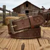 Cinturón de Cuero Tachonado para Mujer con Patrones Tallados, Cinturón Estilo Étnico, Transfronterizo Vintage Occidental Repujado Estilo Nuevo Cinturón de Vaquero