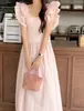 Ins Coreano 2026 Verão Novo Design Francês Senso de Temperamento Manga Bufante Midi Vestido Saia