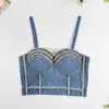 Corsé de Mezclilla Estilo Europeo y Americano con Tirantes de Perlas, No Necesita Ropa Interior, Top Tubo Sexy para Actuación en Escenario, Ropa Exterior con Brillantes Pedrería