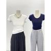 Top de Verano para Mujer con Cuello en U, Elástico Acanalado, Ajustado, de Manga Corta, con Hombro Derecho Descubierto, Fino, Ropa de Trabajo, Elegante, Estilo Coreano, Camiseta Blanca