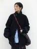 Suéter Cárdigan de Punto Grueso con Trenzas Azul Marino 100% Lana con Botones de Cuerno, Cuello Solapa para Mujer, Abrigo de Invierno Cálido 33m023