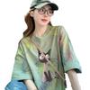 Playera de Algodón Puro de Largo Medio con Grafiti de Dibujos Animados para Mujer, Diseño Tie-Dye Popular de Este Año, Top Holgado Estilizador, Estilo Tie-Dye