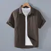 9048 Camisa de Lino de Manga Corta de Verano para Hombre Camisa Casual de Algodón y Lino con Cuello Cuadrado para Hombre Top de Lino de Color Sólido de Media Manga