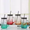 Em estoque copo de vidro Mason copo para bebidas copo de vidro quadrado com alça copo para drinks copo para milkshake copo para bebidas copo com canudo copo de gelo crisântemo