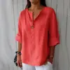 Top de Algodón y Lino de Manga Media Estilo Europeo de Moda de Hong Kong, Nuevo Top de Manga Corta Primavera/Verano con Diseño de Cuello en V, Tallas Grandes para Mujer