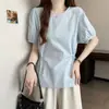 Moda Verão Feminina Plus Size Japonesa e Coreana Estilo Coreano Jovem Gola Redonda Manga Bufante Cintura com Cordão Camisa Versátil Emagrecedora para Mulheres