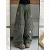 Calça Cargo Militar Verde Retro Americana Bordada Floral para Mulheres, Novo Design de Outono e Verão, Calça de Cintura Alta Reta de Perna Larga