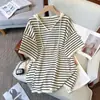 Camiseta de Verano con Capucha de Rayas Estilo Coreano para Mujer, Holgada y Adelgazante, Tallas Grandes, Top Versátil y Duradero