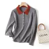 Suéter de Punto de Lana 100% Suave y Amigable con la Piel para Mujer, Manga Larga, Cuello con Solapa, Media Apertura con Botones, Bolsillo Único, Bloques de Color de Moda, Invierno