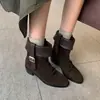 Botines de Gamuza de Vaca Estilo Relajado Melanoides 2026 Tacón Medio Grueso Punta Redonda Hebilla Plisados Piel Genuina Tobillo 41