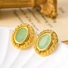 Pendientes Retro Originales Sentido de Alta Gama Ovalados Vidrio de Jade Incrustado Pendientes Sencillos para el Trabajo Pendientes de Moda Elegantes para Mujer