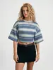 Camiseta corta a rayas Y2K transfronteriza europea y americana más vendida para mujer, corte holgado, adelgazante, cuello redondo, manga media, estilo casual y cropped