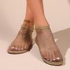 Sandalias planas de punta redonda, nuevas botas de malla hueca con diamantes rojos, zapatos planos sexis de verano con cordones cruzados de talla grande.
