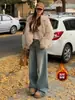 Jeans de mujer de estilo americano, talla grande, pierna ancha, forro polar, nuevos para otoño e invierno, tiro alto, adelgazantes, corte holgado, pierna recta, largo hasta el suelo