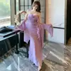 Com Busto Acolchoado Romântico Sexy Malha Floral 3D Vestido de Alça Longa para Mulheres Modelador Vestido de Malha Plissada com Alça Longa