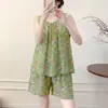 Pijama de Algodón y Seda para Mujeres de Mediana Edad, Conjunto de Chaleco sin Mangas Delgado de Verano y Pantalones Cortos, Conjunto de Dos Piezas de Estilo Mom de Corte Holgado para el Hogar
