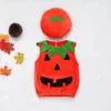 Ins Ropa Infantil Europea y Americana en Stock Disfraz de Halloween Lindo Cuello Redondo Sin Mangas Calabaza Bordada Gorro Ropa Conjunto de Dos Piezas