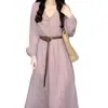 Vestido Rosa de Manga Larga con Cuello en V para Mujer en Otoño Nuevo Estilo Coreano con Mangas Abullonadas y Estilo Suave Falda Larga de Corte A