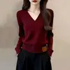 O popular e sofisticado suéter de tricô cinza escuro com decote V para mulheres deste ano apresenta um design único e estiloso de manga longa.
