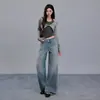 Jeans feminino transfronteiriço 2026, perna larga solta, fluido, bordado, lavado, azul vintage, calça comprida, azul, comprimento estendido, Yichun