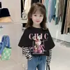 G2345# camiseta de algodón de manga larga para niña, imitación de dos piezas, nuevo estilo extranjero, abrigo casual de otoño para niños, para bebé primavera y otoño