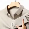 Camisa Polo de Manga Longa com Gola Tesoura para Homens, Primavera e Outono 2025, Camiseta Casual de Cor Sólida para Meia-Idade com Gola Lapela, Moda Masculina, Estoque Disponível Transfronteiriço