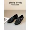 Versión de Piel de Vaca~ Mocasines Adelgazantes de Estilo Retro, Zapatos Slip-On Versátiles para Mujer, Estilo Sencillo, Tacón Grueso, Zapatos de Piel con Punta Redonda