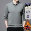 Suéter Falso de Duas Peças para Homens, Forrado com Fleece e Espessado, Camisa Polo de Manga Longa Listrada, Camada Base de Tricô, Malharia de Caxemira para Atacado