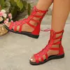 Sandalias romanas de caña alta con cordones estilo europeo y americano para mujer, sandalias planas antideslizantes huecas, zapatos de punta abierta para vacaciones en la playa