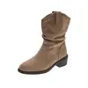 Botines Retro de Ante con Tacón Grueso, Suela de Plataforma, Punta Fina y Tobillo Fruncido para Mujer, Nueva Colección Otoño/Invierno 2026, Elegantes y Versátiles, Botines Cortos Elegantes