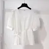 Blusa Camisa de Chiffon com Cordão Estilo Coreano Feminina Verão 2024 Novo Estilo Design Chique Gola V Solta Versátil Camisa Pequena