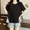 Camiseta casual de retazos de malla de colores estilo coreano para mujer, verano talla grande, top negro versátil y adelgazante para chicas de talla grande