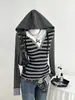 Estilo Novo Outono e Inverno Retrô Americano com Capuz Listrado Patchwork Color-Blocking Cintura Ajustada Emagrecedor Y2K Versátil Suéter Pulôver Feminino